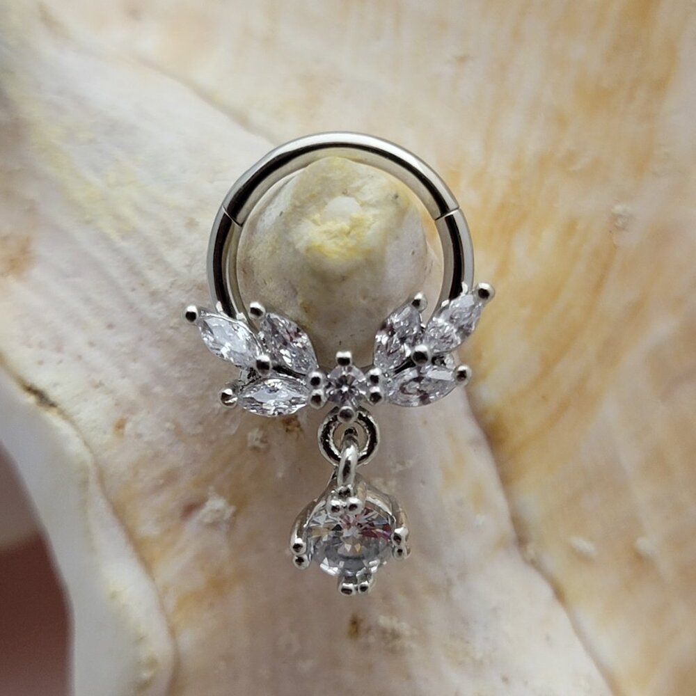 16G Leaf Hinged Segment Ring Septum Ring with Clear CZ dangle - 8mm